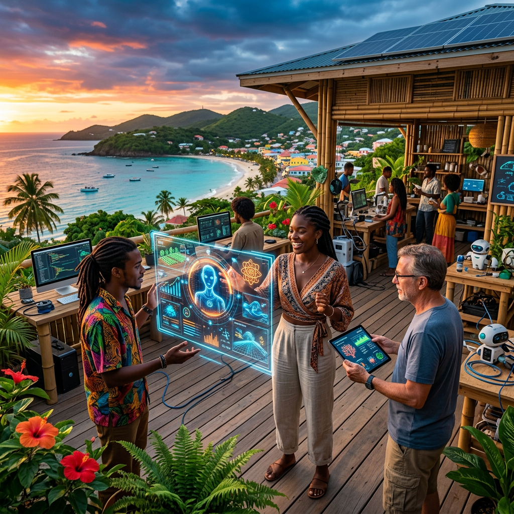People using advanced transparent screens and tablets on a tropical balcony with ocean view