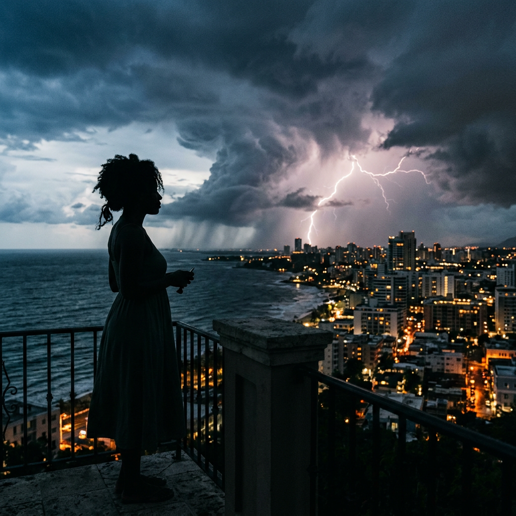 Silhouette of a person on a balcony overlooking a coastal city during a lightning storm