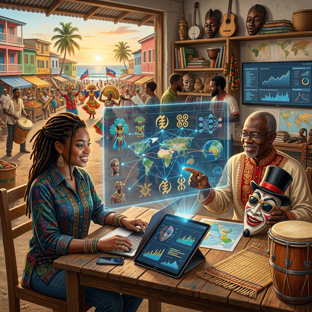 Two individuals engaging with AI heritage mapping showing African and Caribbean cultural connections