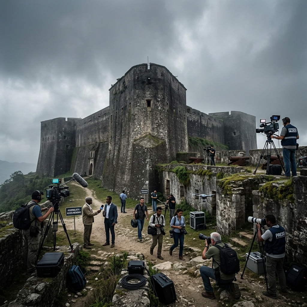 Journalists filming and photographing at a stone fortress with press equipment