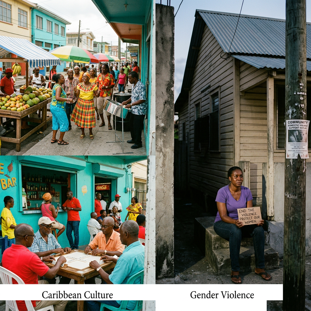 Caribbean street market and community gathering; woman holding sign against gender violence